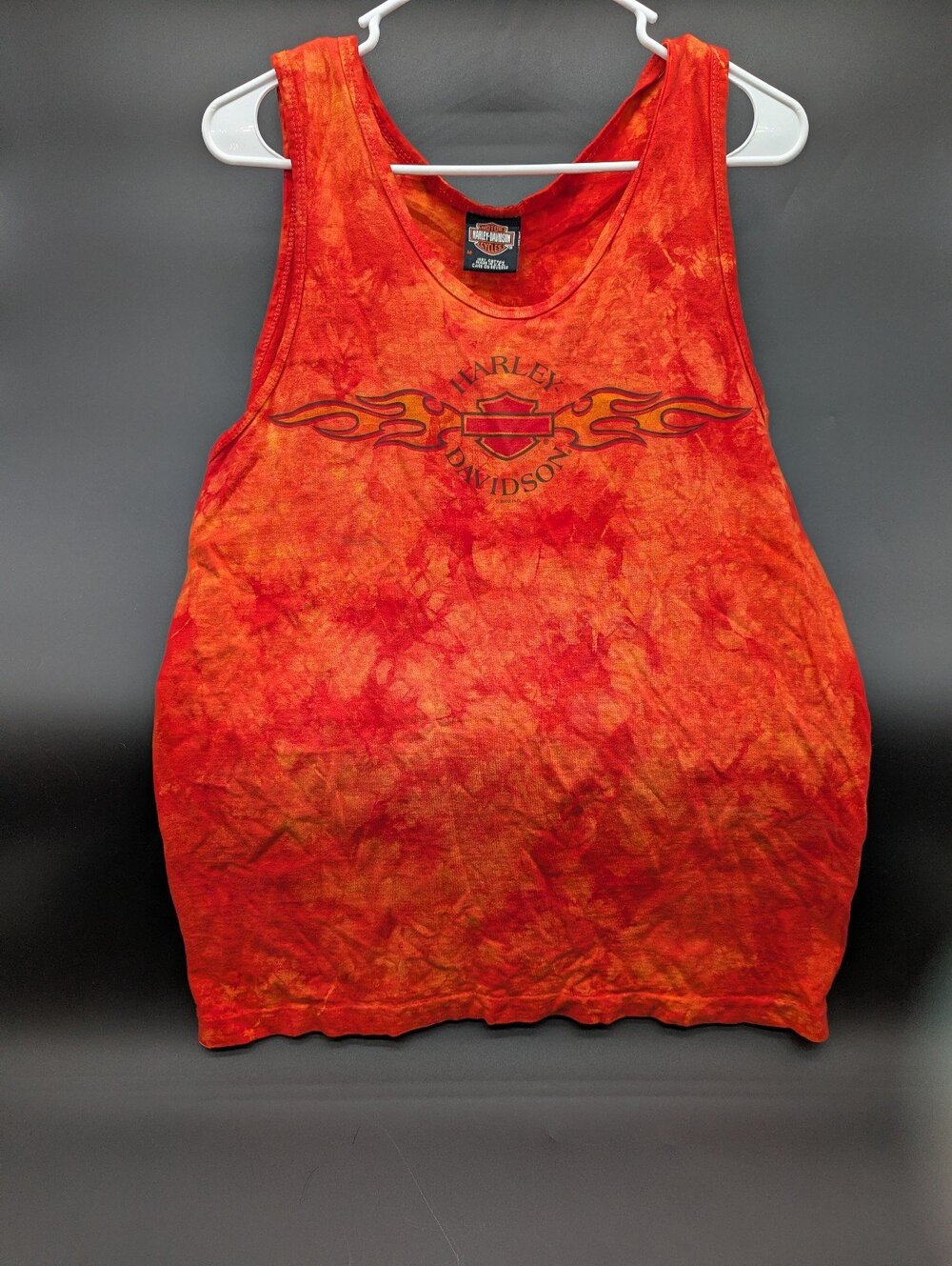 Vintage Harley Davidson Tie Dye Tank Top Medium Red Orange Eau Claire Wisconsin